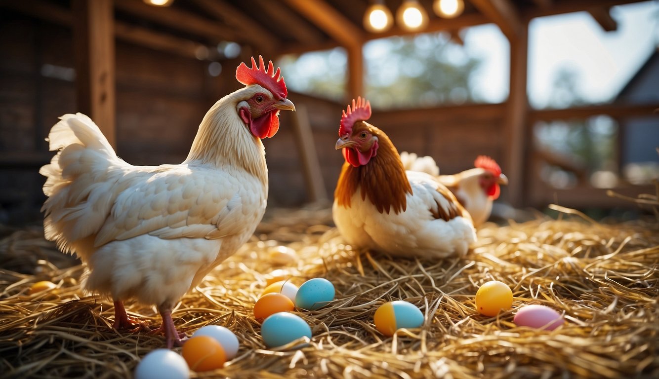 Chickens lay eggs quickly in a cozy, straw-filled coop, surrounded by colorful feathers and a bright, welcoming atmosphere