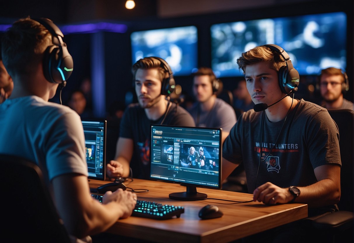 A group of e-sports players focus on their screens, surrounded by supportive coaches and mental health professionals