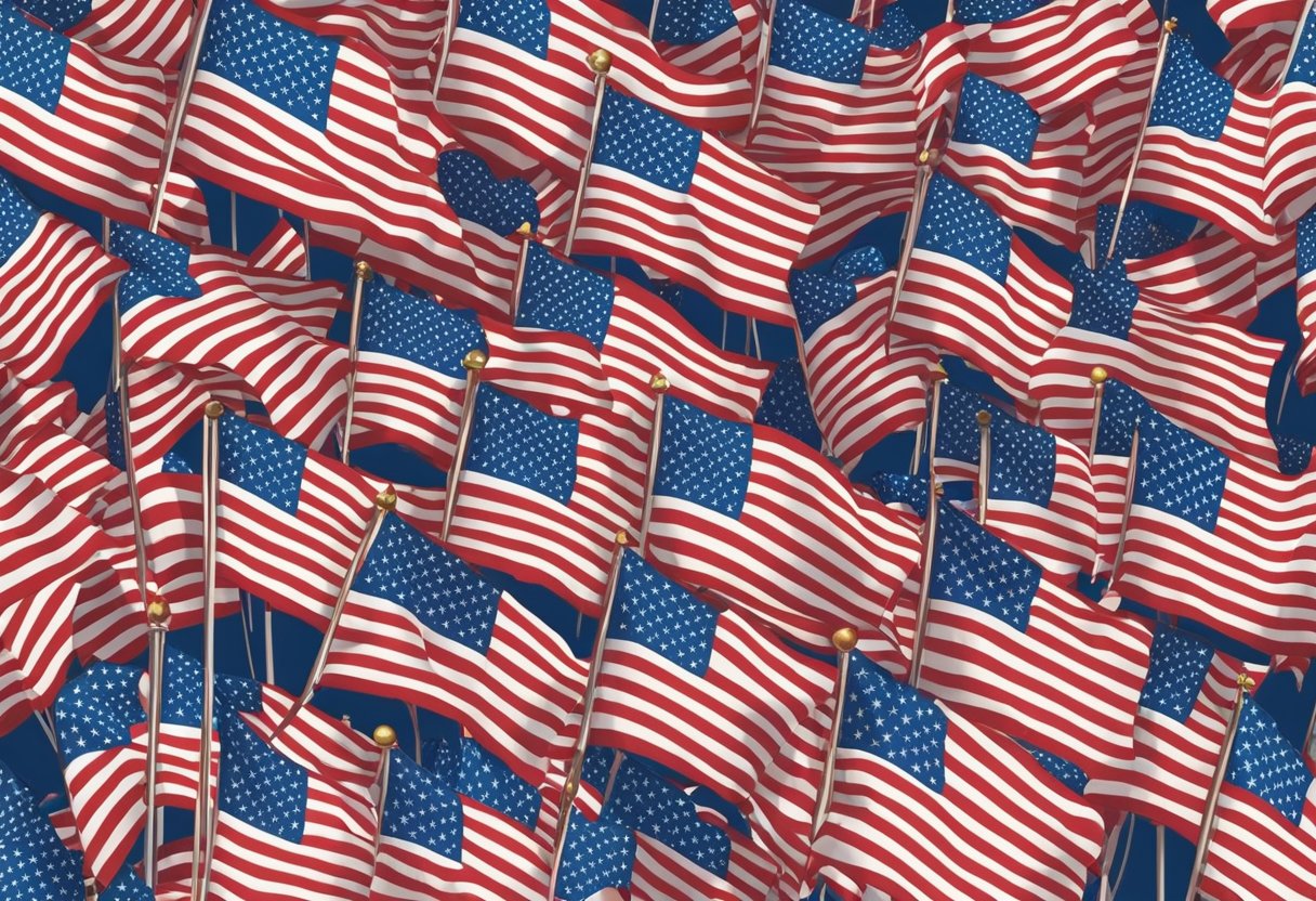 A collection of American flags waving in the wind, surrounded by red, white, and blue decorations