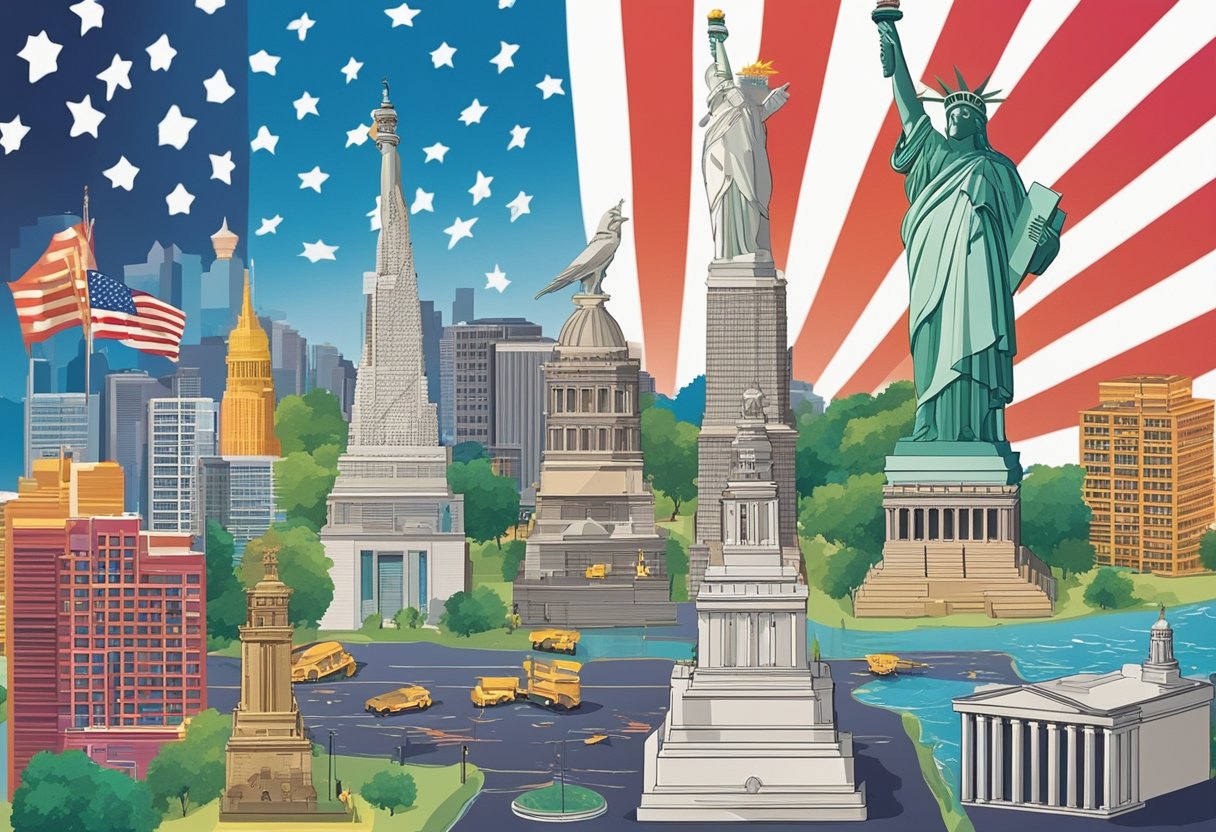 A collection of American symbols and landmarks, such as the Statue of Liberty, the American flag, and the bald eagle, arranged in a colorful and vibrant display