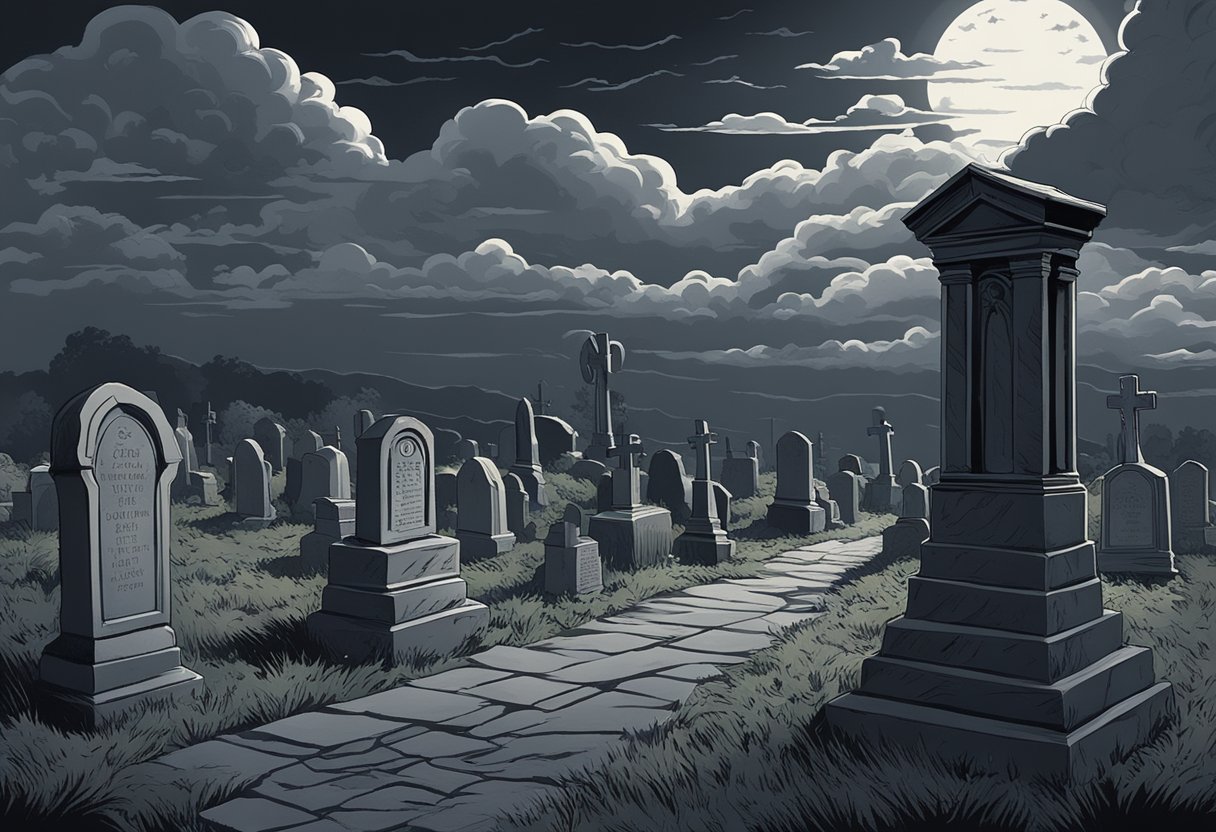 Dark clouds loom over a graveyard, where tombstones are etched with sinister names like Lilith, Damien, and Malachi. A shadowy figure lurks in the background, adding an eerie atmosphere to the scene