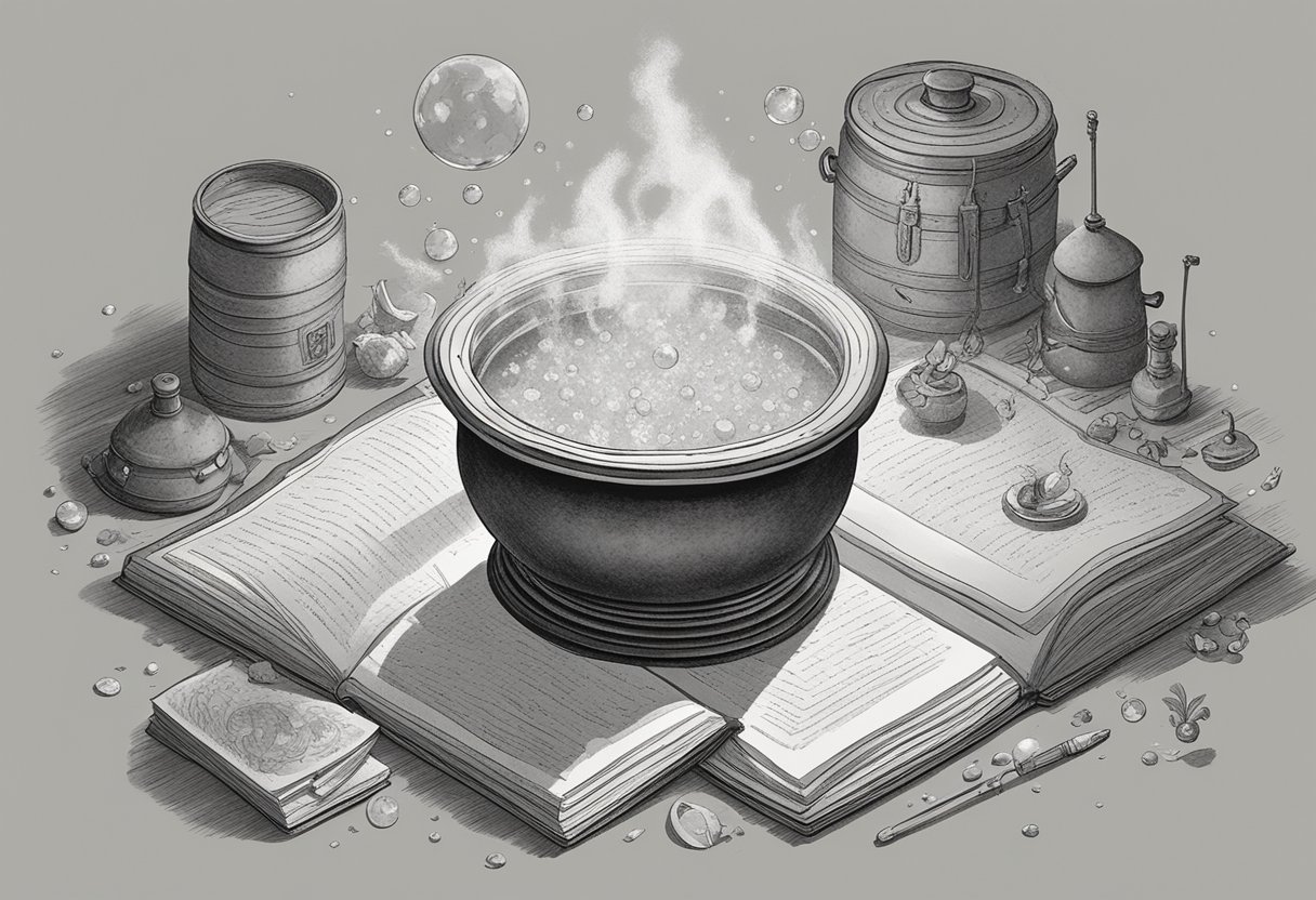 A cauldron bubbles with eerie mist as a book titled "Evil Baby Names" sits open on a table, surrounded by scattered papers and quills