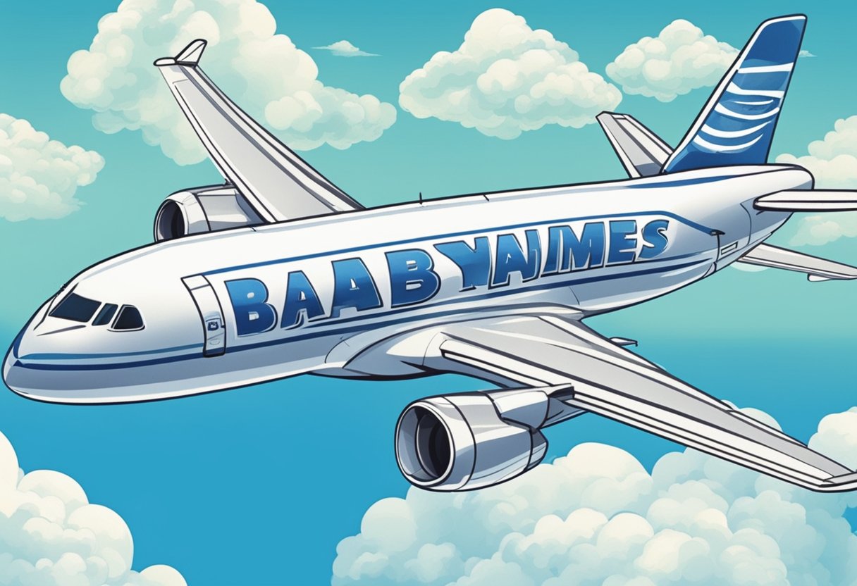 An airplane flying over a blue sky with clouds, with the words "baby names" written in bold letters on the side