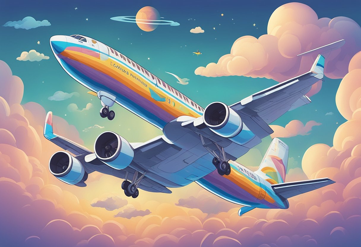 A colorful airplane with the words "Good Names" flying through a sky filled with baby names in various fonts and sizes