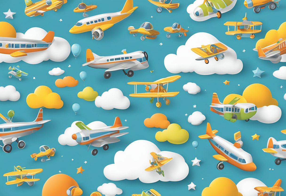 A colorful array of airplane-themed baby items, from tiny pilot hats to toy airplanes, surrounded by a cloud of name ideas floating in the air