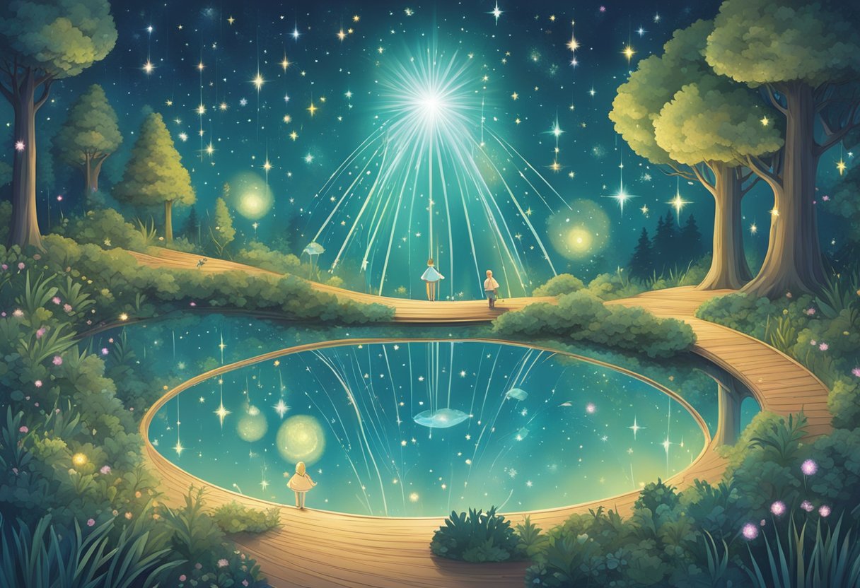 Sparkling stars form a halo around floating, glowing baby names in a whimsical, enchanted forest