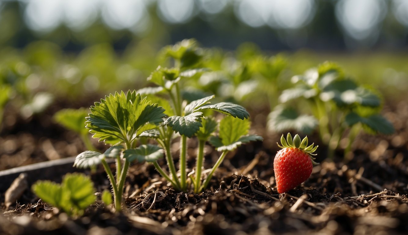 Strawberry plants are propped up with stakes and protected by mulch
