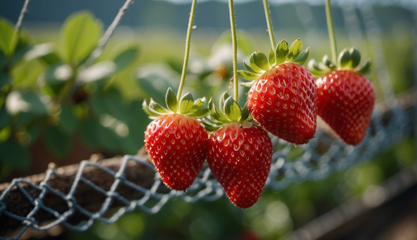 Strawberries suspended by a net above the ground