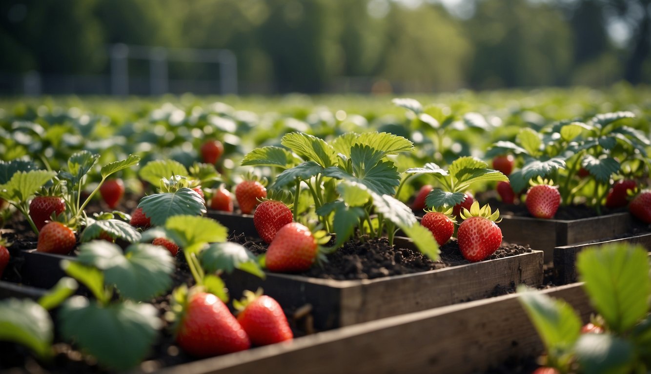 Strawberry plants lifted above ground on raised beds, with mesh or mulch to prevent contact and spread of pests and diseases