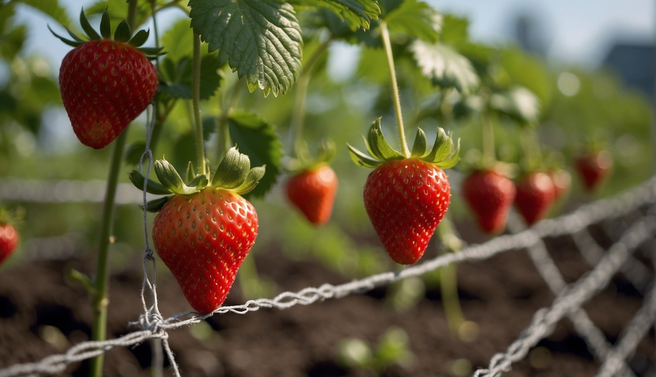 Strawberry plants suspended above ground with netting or elevated platforms to prevent contact