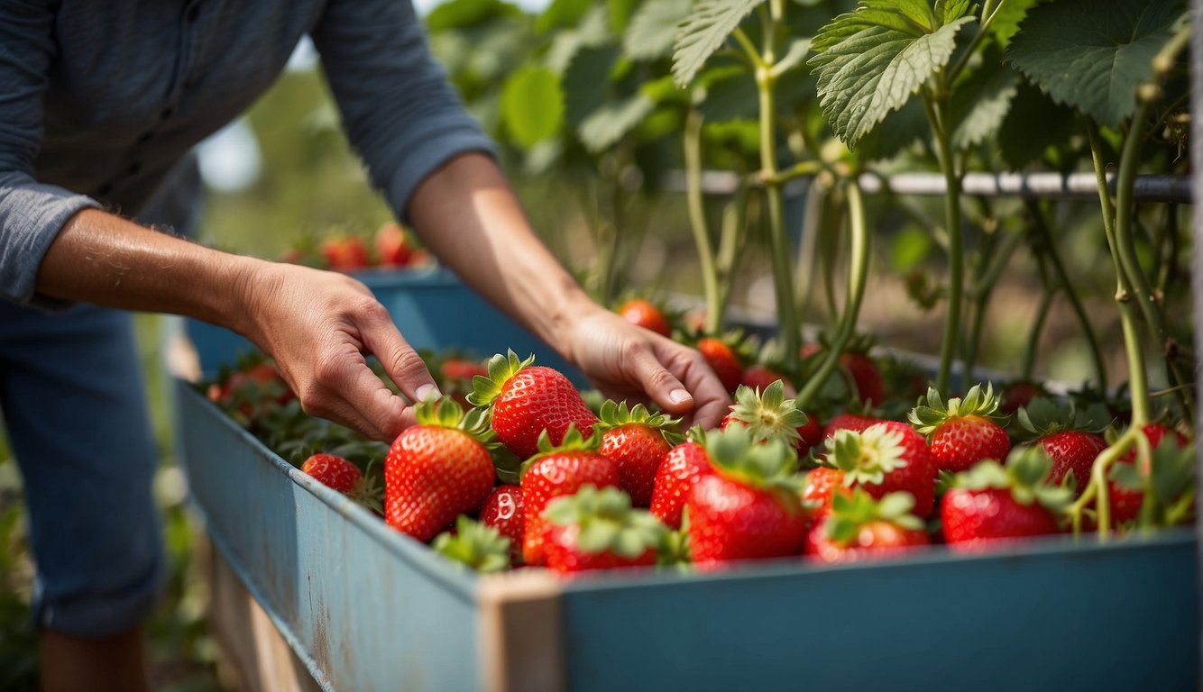 Strawberries are carefully plucked from the vine and placed in raised containers to prevent contact with the ground during post-harvest handling