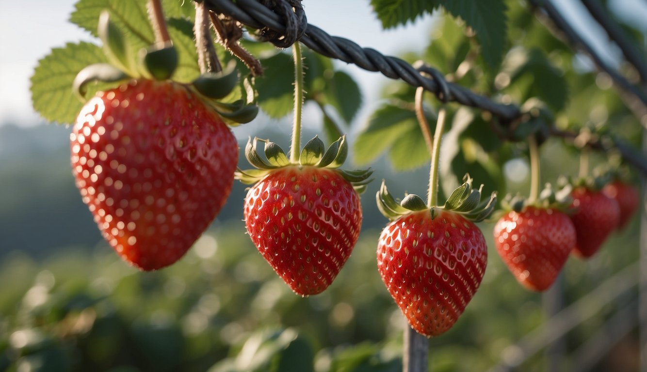 Strawberries suspended above ground on wire mesh or elevated platform