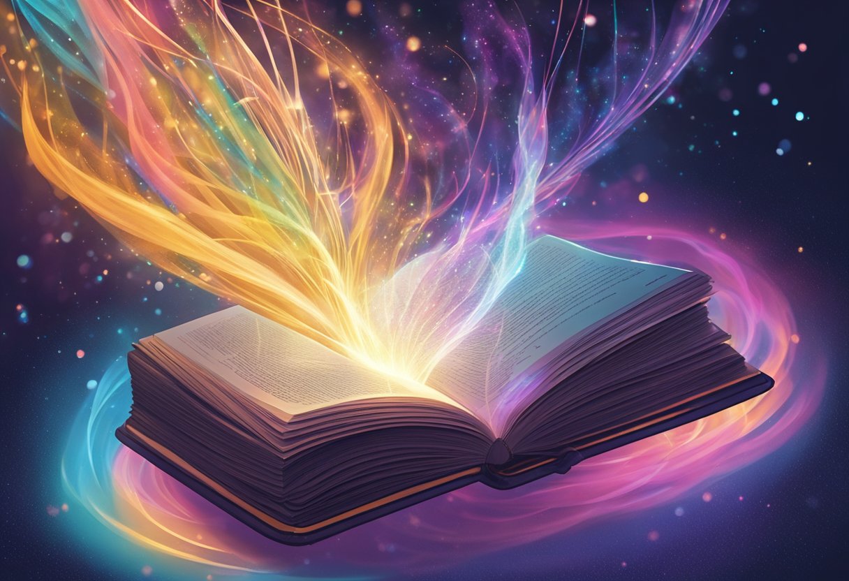 A sparkling book hovers above a glowing pedestal, surrounded by swirling wisps of colorful energy