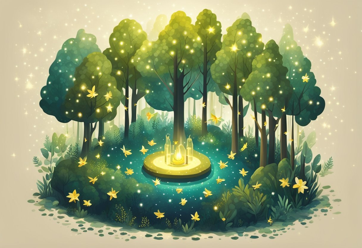 A mystical forest with sparkling fireflies and twinkling stars, surrounded by floating baby name ideas in shimmering golden letters