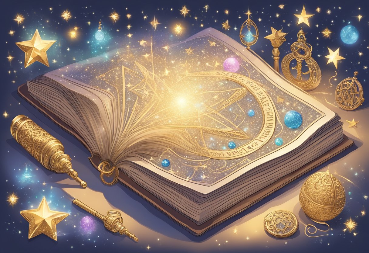 A sparkling wand hovers over a book of enchanting baby names, surrounded by twinkling stars and mystical symbols