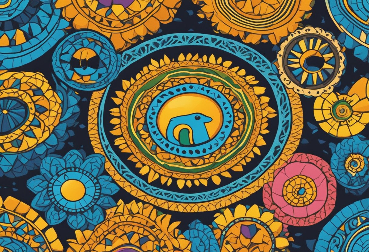 Colorful Swahili baby names swirling around a traditional African fabric background