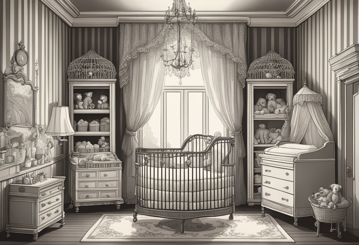 A vintage nursery with ornate cribs, lace curtains, and antique toys