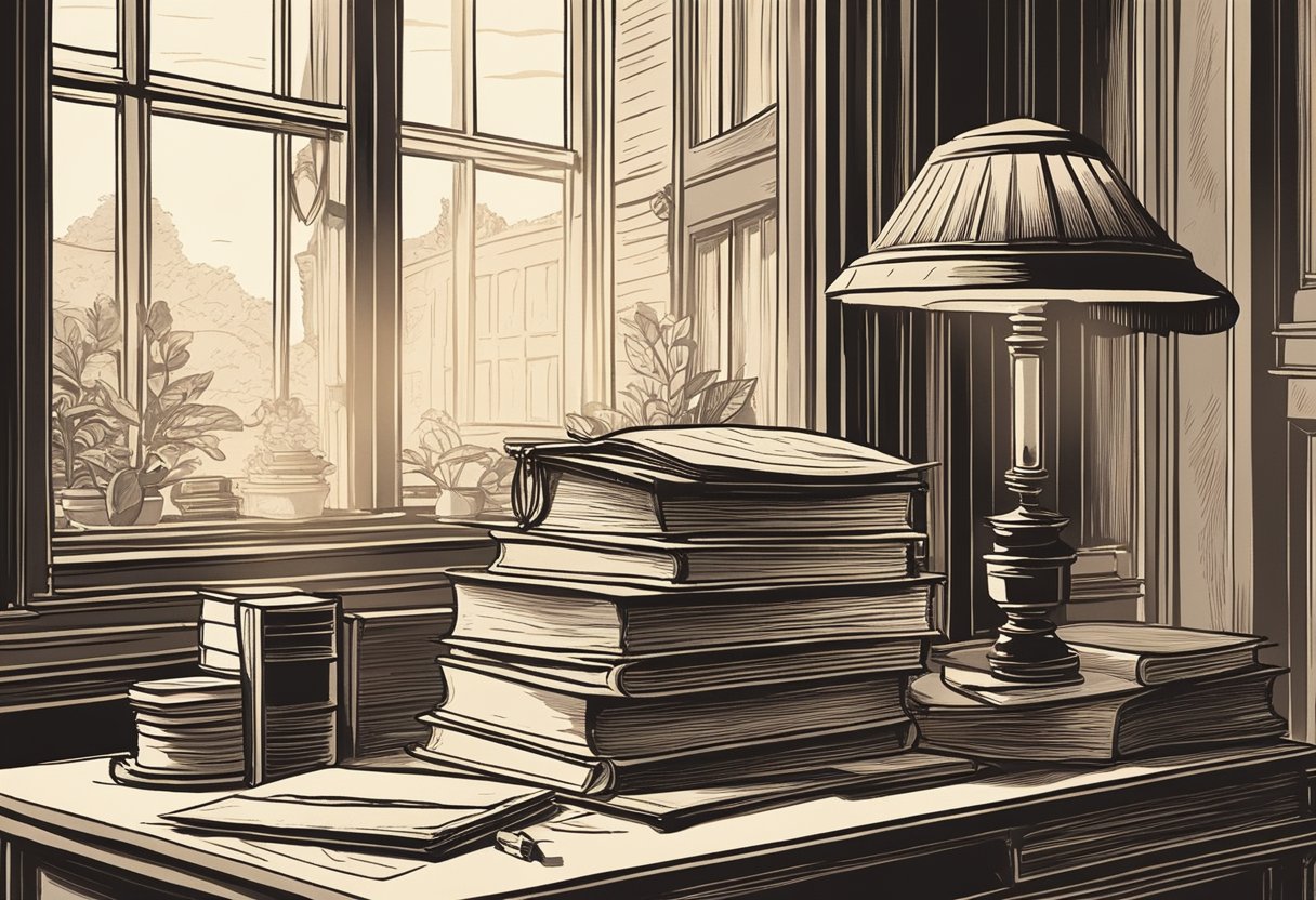 A vintage desk cluttered with old books, a quill pen, and a stack of papers. A window lets in soft light, casting a warm glow over the scene