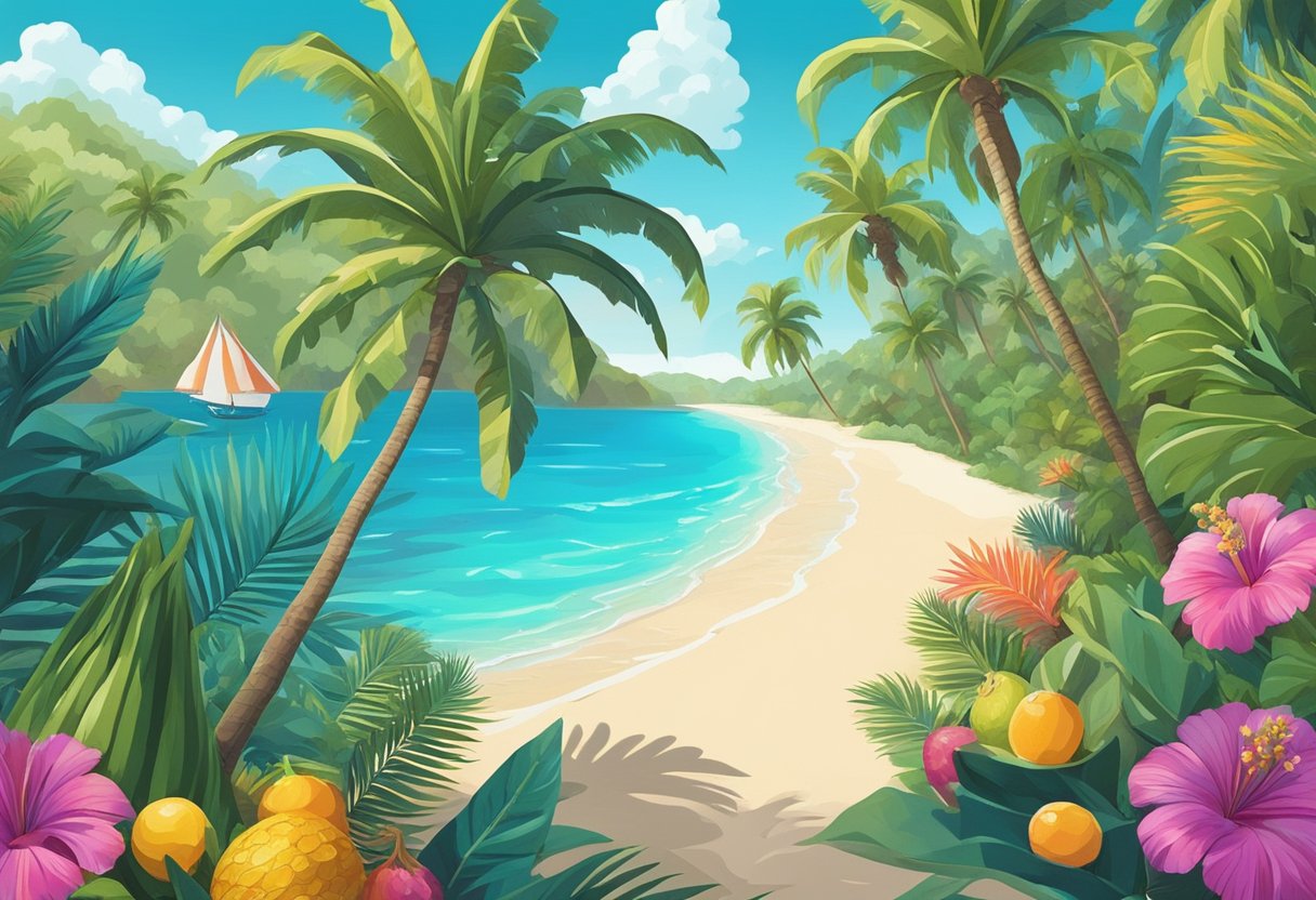 A tropical beach with palm trees and crystal clear water, surrounded by colorful flowers and exotic fruits