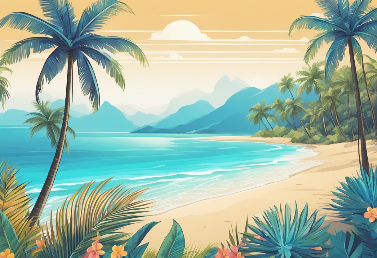 Palm trees sway on a sandy beach, with crystal blue waters and colorful tropical flowers in the background