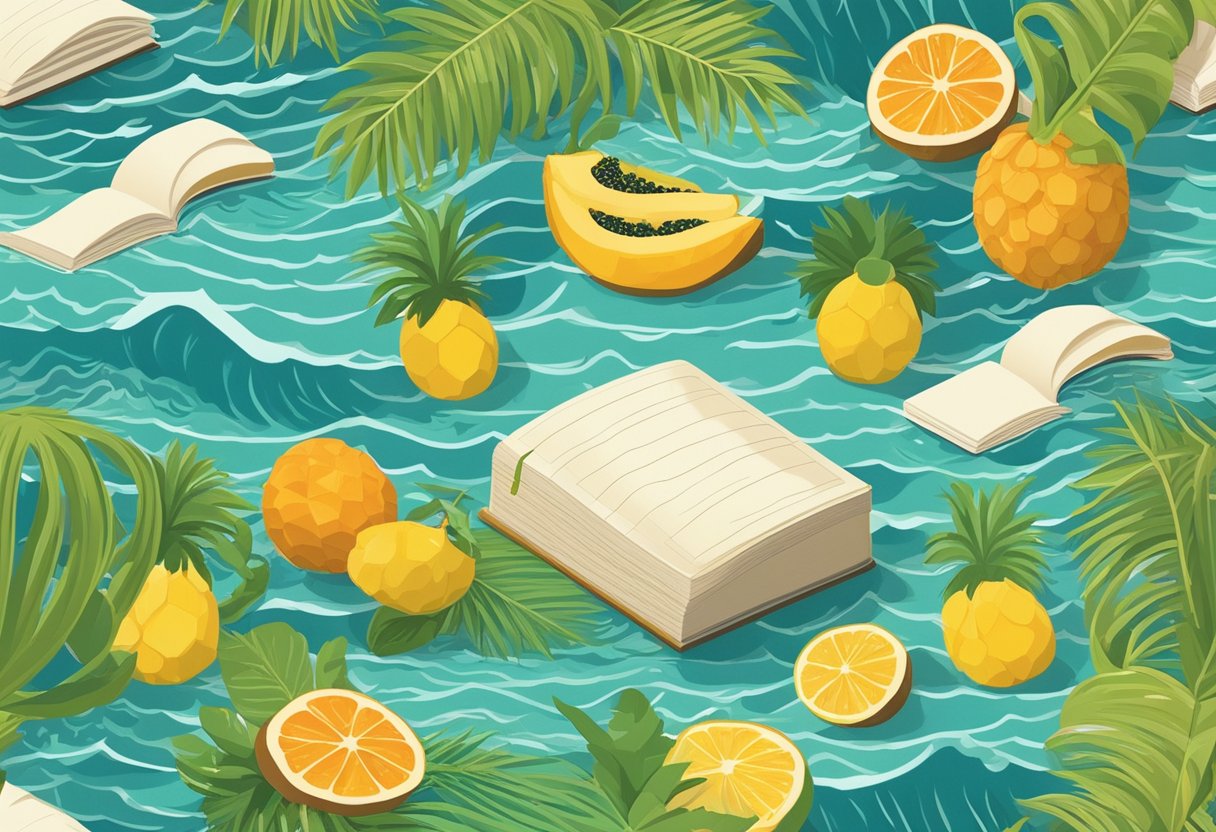 Tropical fruits, ocean waves, and palm trees surround a notebook filled with island-inspired baby names