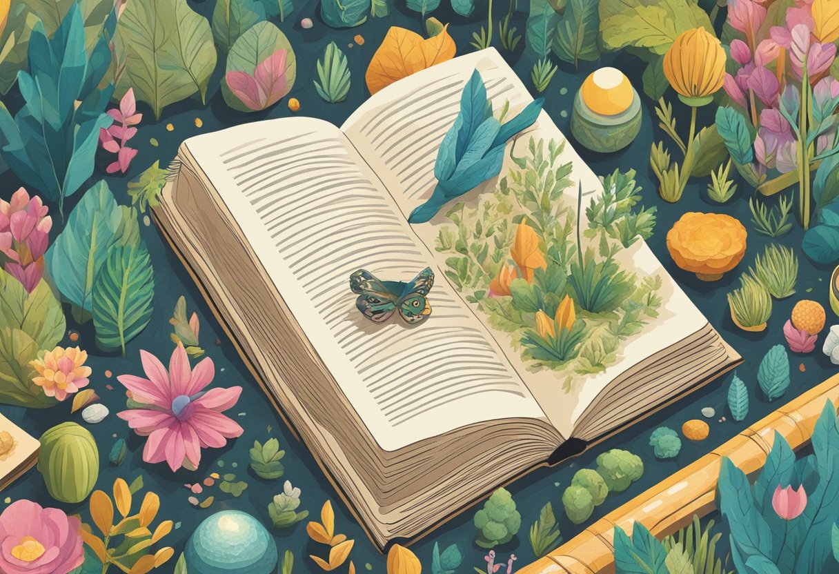 A colorful array of nature-inspired objects surrounds a book open to a page titled "Alt Baby Names."