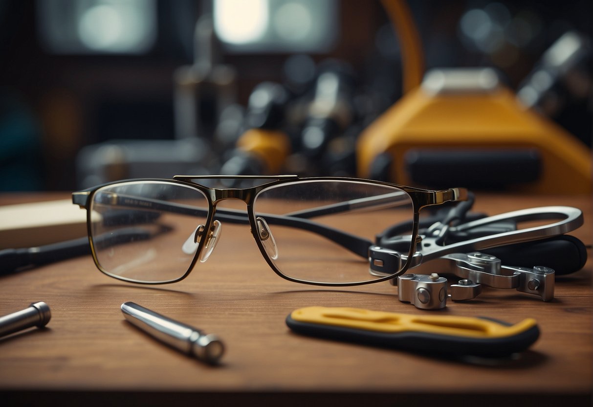 A pair of glasses sits on a table, surrounded by various tools and accessories. A small rubber pad is being placed on the nose pads to prevent slipping