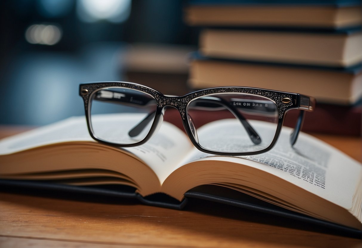 Glasses balanced on the edge of a book, with a small piece of non-slip material placed on the bridge to prevent slipping
