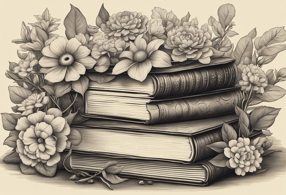 A stack of vintage books with unique titles, surrounded by colorful flowers and foliage, set against a rustic background