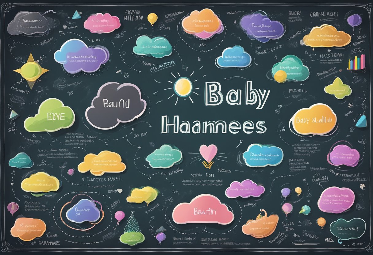 A colorful array of unique and creative baby names displayed on a chalkboard surrounded by thought bubbles and a brainstorming notebook