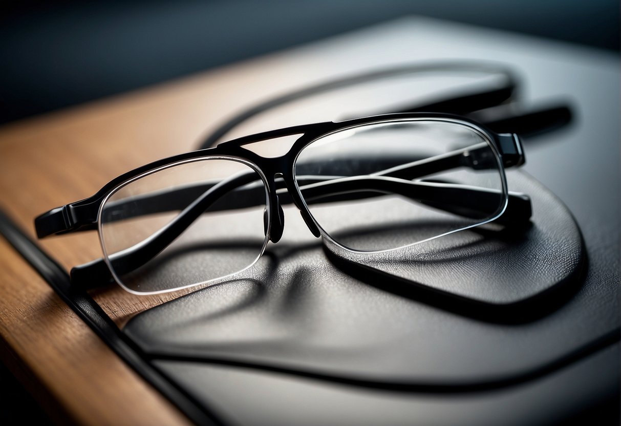 Glasses resting on a surface, with anti-slip nose pads attached, a rubberized strap, or a small amount of adhesive to prevent slipping