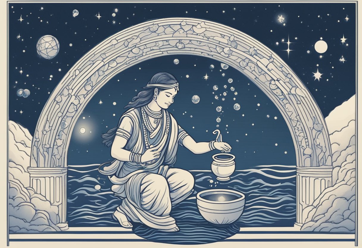 An illustration of a celestial water bearer pouring water from a jug, with the constellation of Aquarius and the symbol for the zodiac sign "Kumbh Rashi" in the background