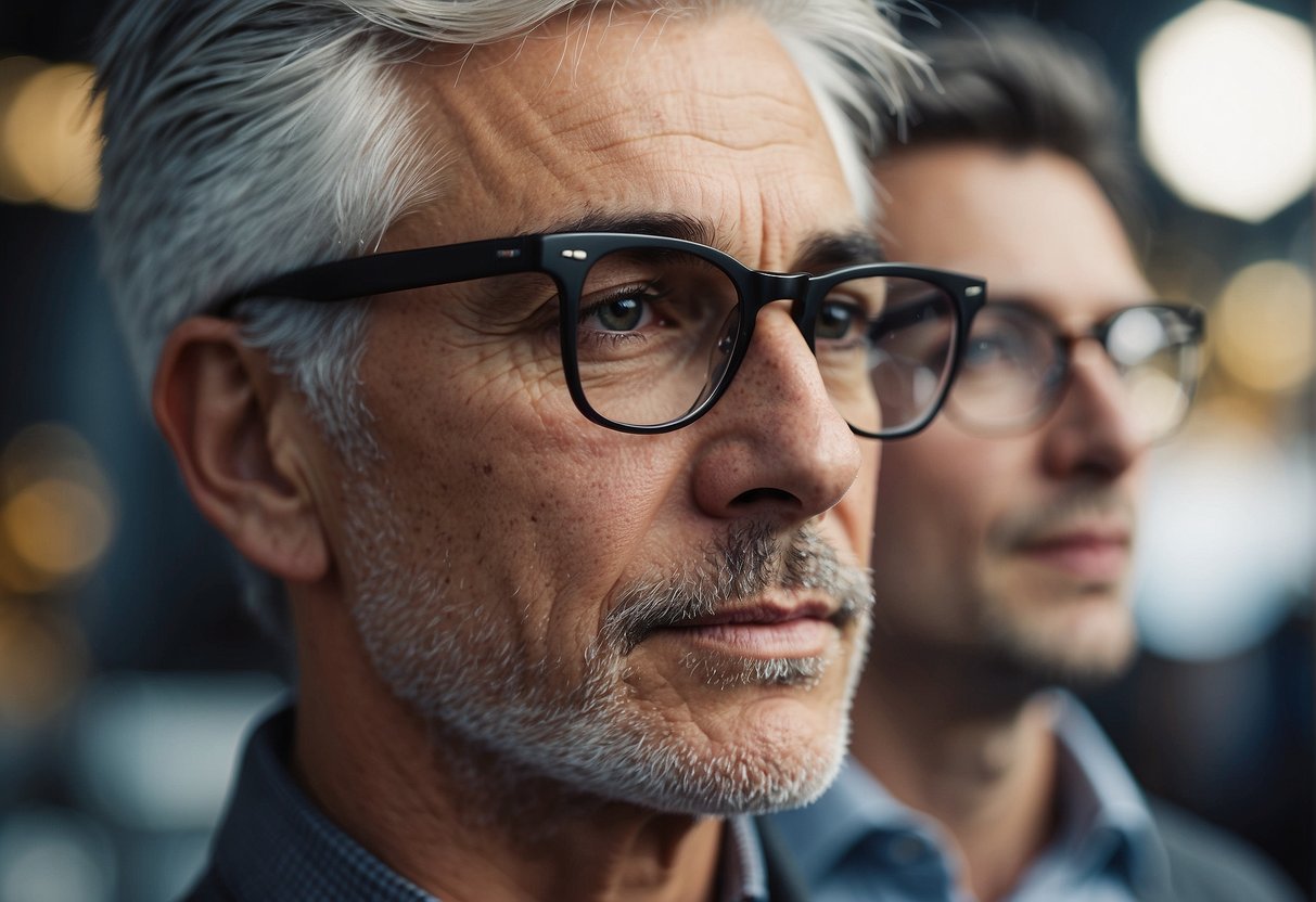 A figure with gray hair tries on different glasses, considering their impact on personal style