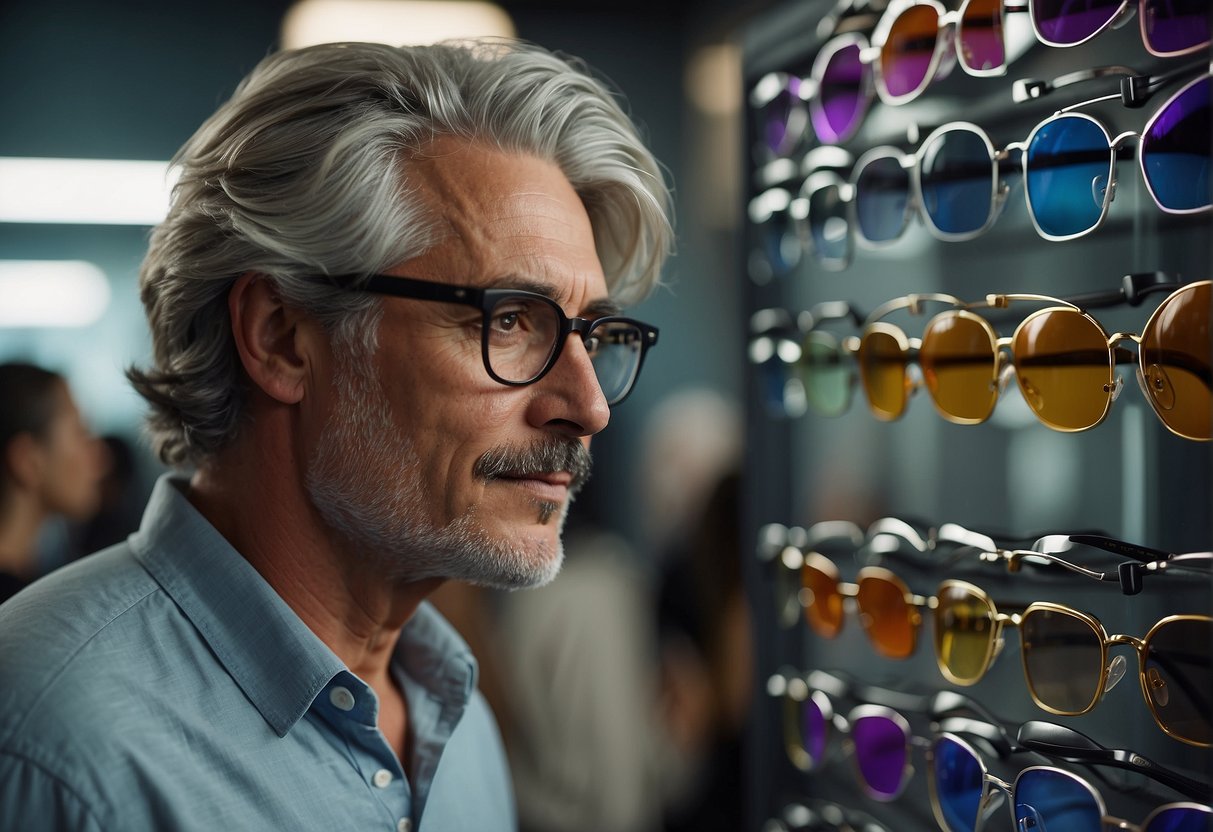 A person comparing different colored frames against their gray hair, while also trying on various styles of glasses