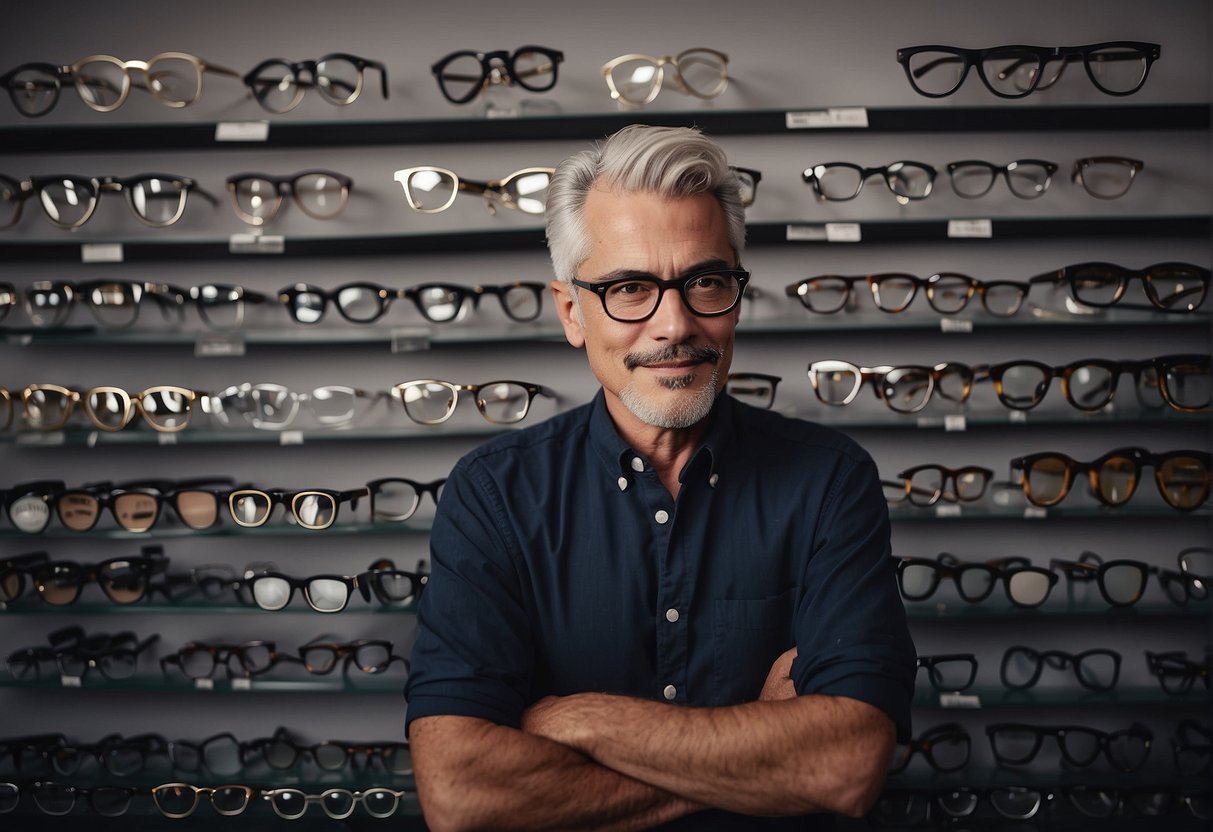 A person sorting through various eyeglass frames, considering their face shape and skin tone. Gray hair is visible, and the individual is carefully selecting the best glasses to complement their hair color