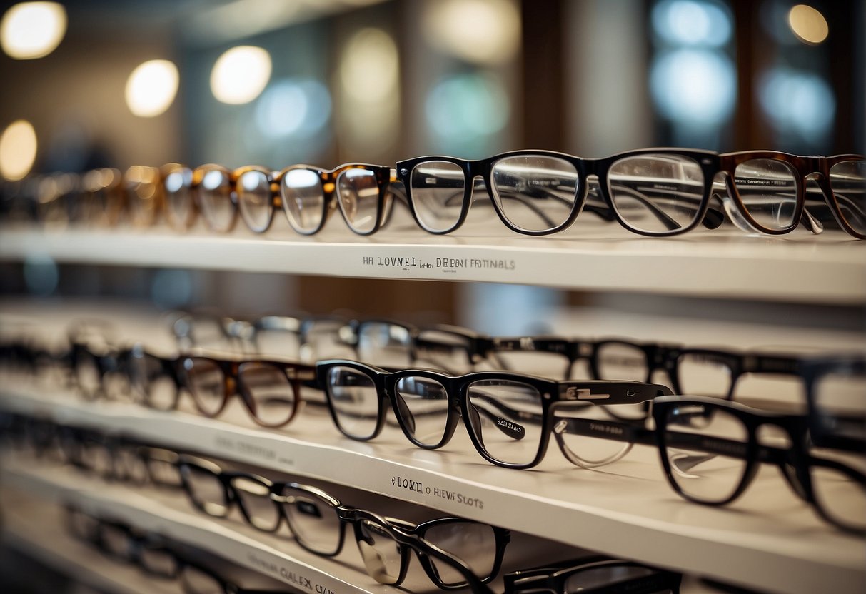 A display of various eyeglass frames in neutral tones, showcasing styles that complement gray hair