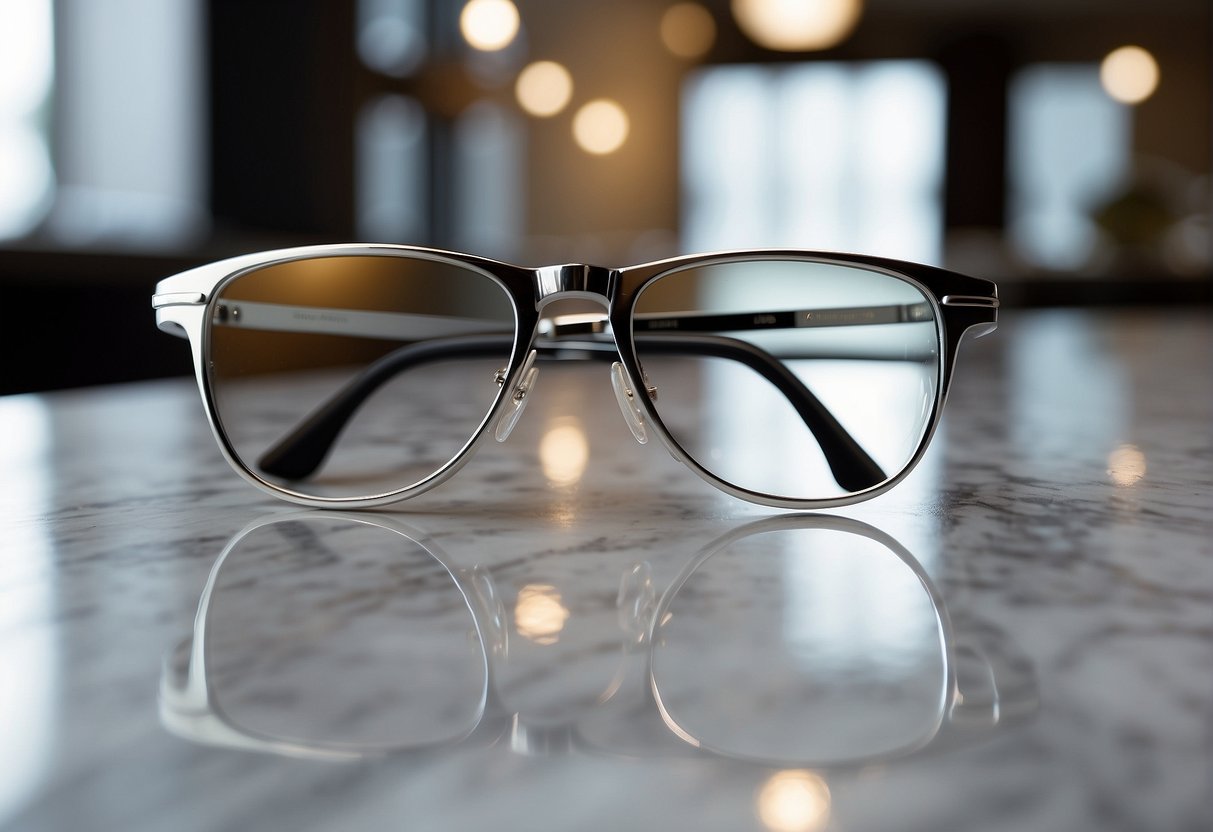 A mirror reflects a pair of sleek, silver-framed eyeglasses resting on a marble countertop, perfectly complementing a head of elegant gray hair