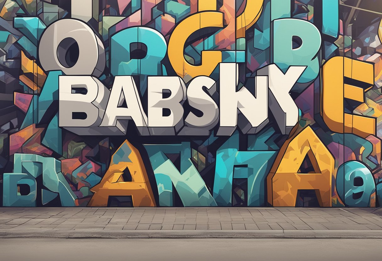 A collection of unconventional, edgy baby names displayed in bold typography against a backdrop of graffiti and urban street art