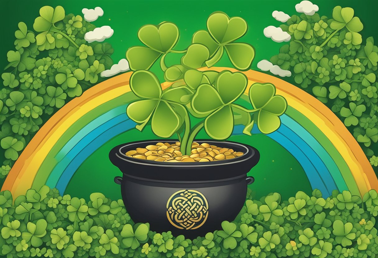 A shamrock and a Celtic knot are surrounded by a pot of gold and a rainbow, representing Irish baby names
