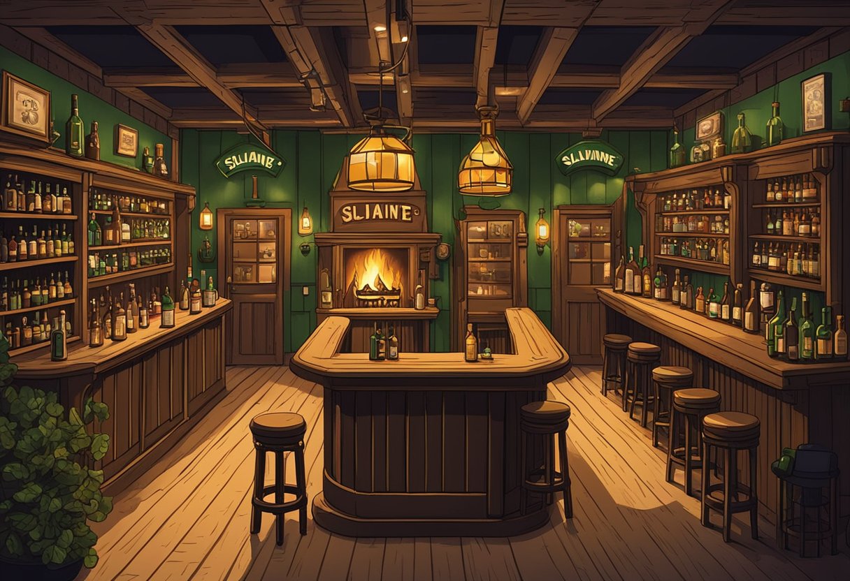 A cozy Irish pub with a roaring fireplace, wooden bar, and shelves of whiskey bottles. A sign outside reads "Sláinte" in bold letters