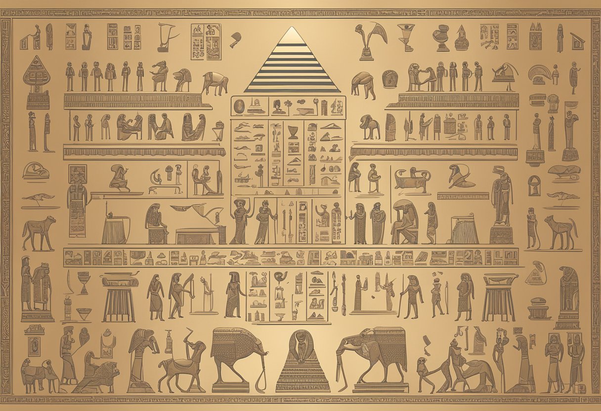 Ancient Egyptian symbols and hieroglyphics surround a list of traditional Egyptian baby names