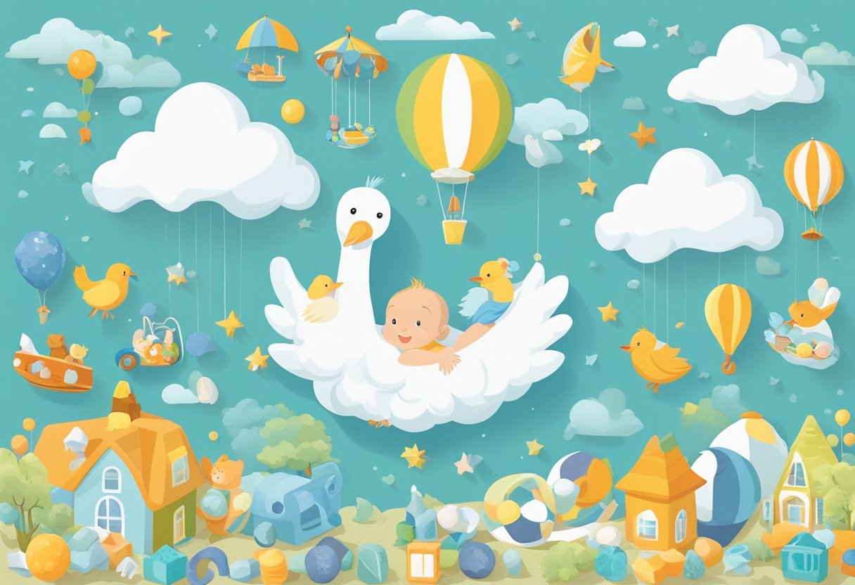 A colorful array of baby boy names floats in a cloud above a stork's nest, surrounded by playful toys and cheerful nursery decor
