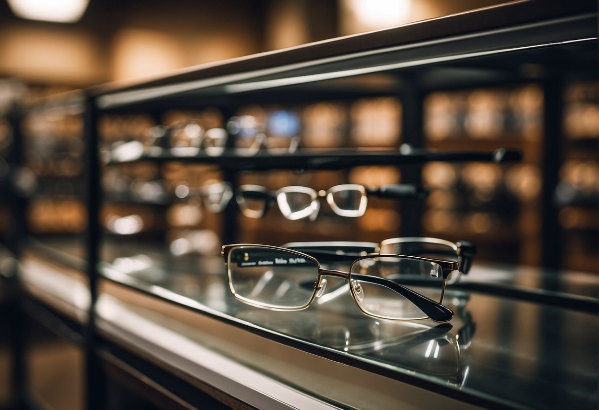 A man's hand holds a pair of reading glasses, while another pair sits on a display shelf. Various styles and colors are showcased, with price tags visible