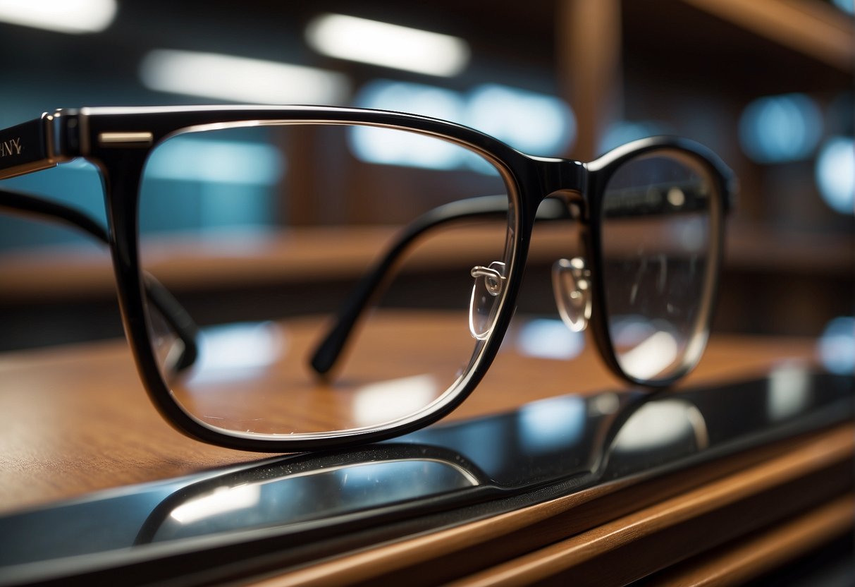 A pair of men's reading glasses displayed on a sleek, modern shelf. The glasses showcase various lens features and high-quality construction