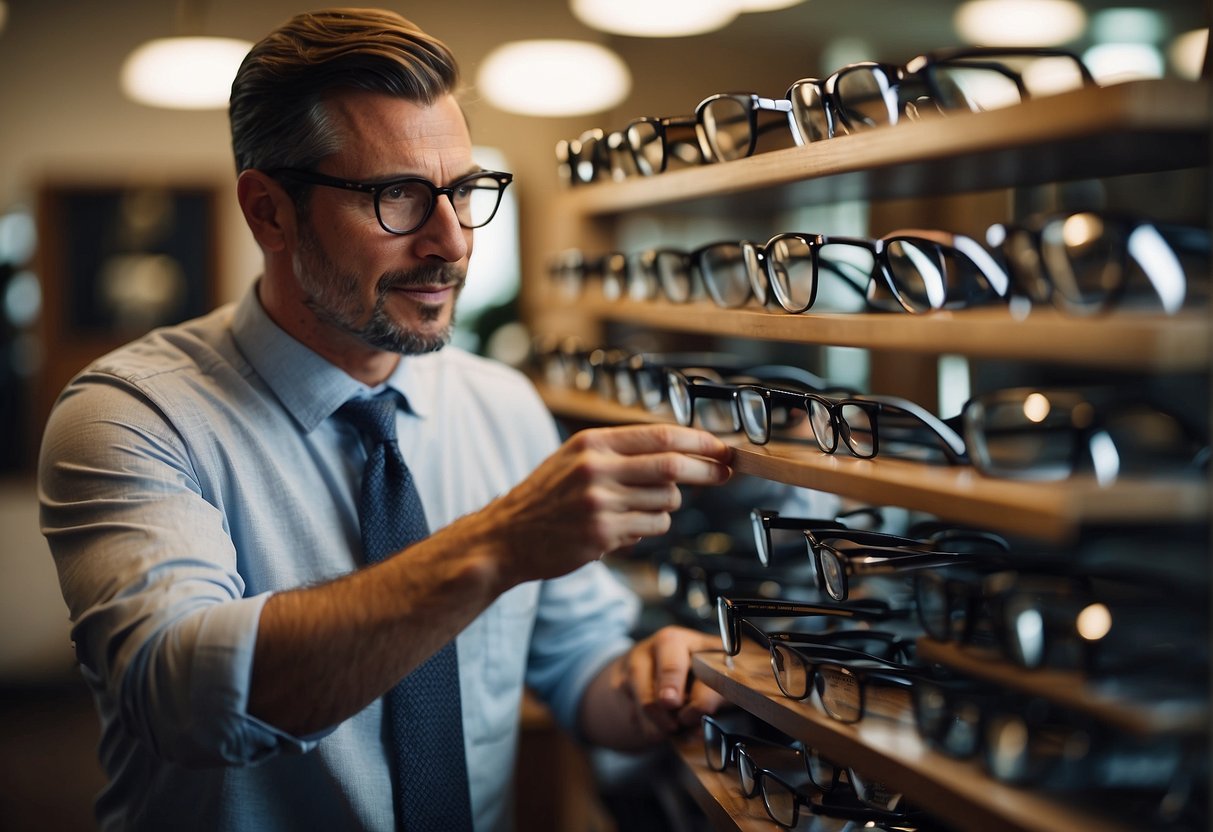 A man tries on different pairs of reading glasses, adjusting them and looking in a mirror for the perfect fit