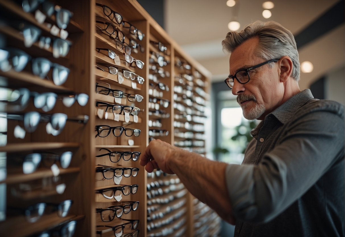 A man browses shelves of reading glasses, comparing styles and trying on different pairs. Signs indicate options for non-prescription and prescription glasses