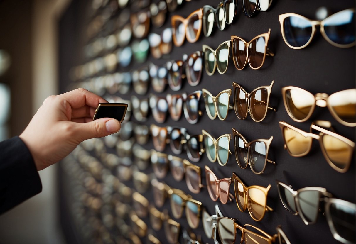 A hand reaches for a display of cat-eye frames, carefully comparing shapes and sizes. The selection process is deliberate, with attention to detail and consideration for the face shape