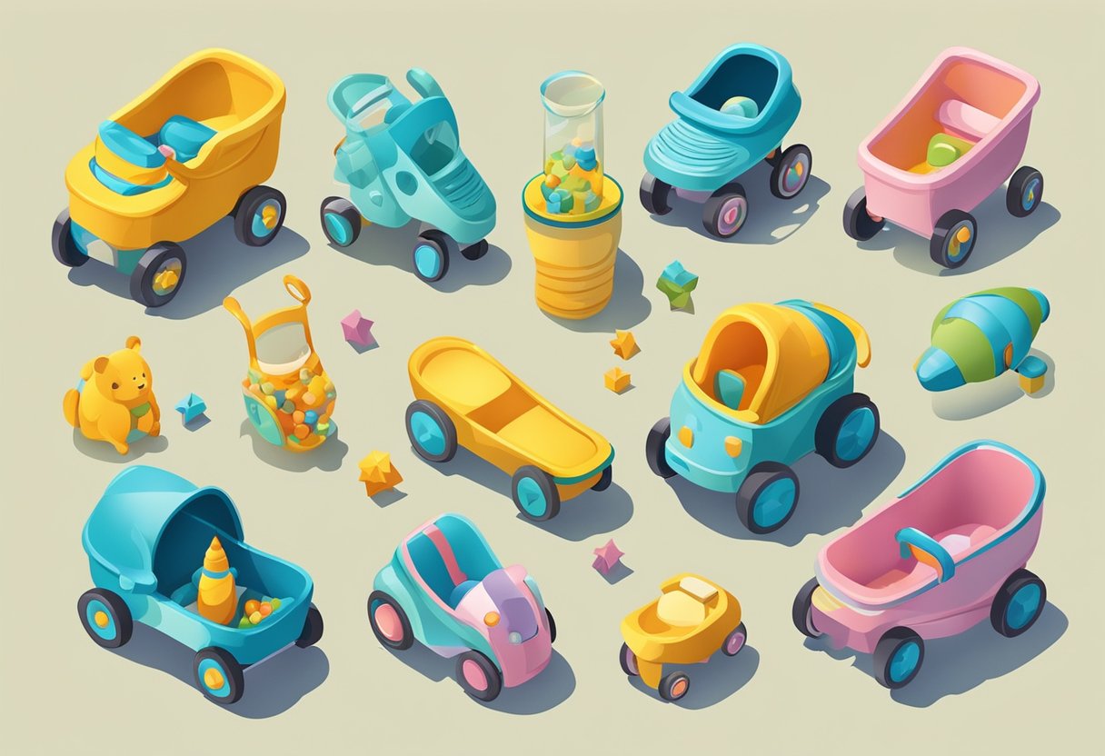 A group of colorful baby items arranged in a playful and whimsical manner, with a focus on middle boy names
