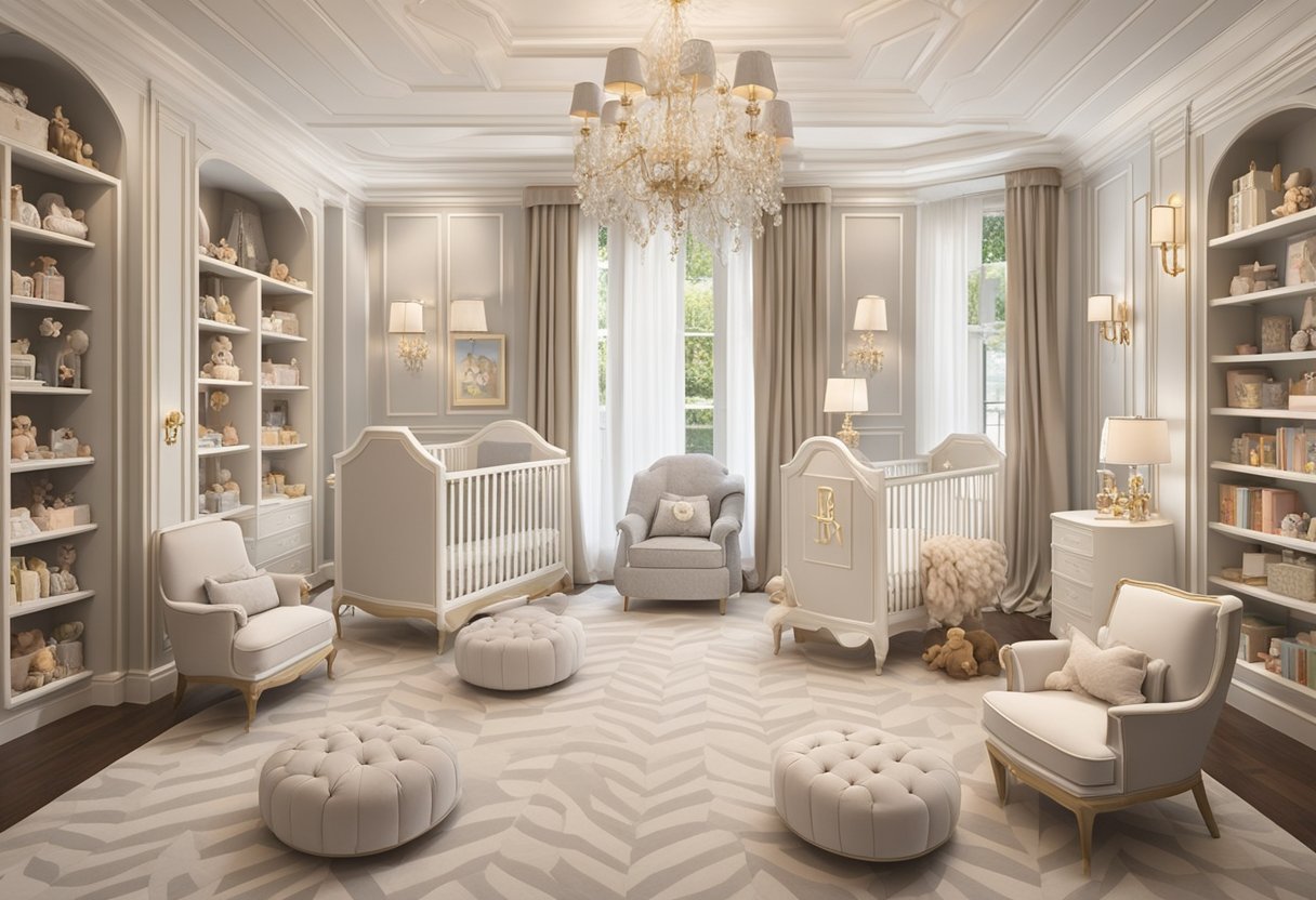 A lavish nursery adorned with elegant monogrammed cribs, chandeliers, and plush velvet chairs, surrounded by shelves of designer baby books and toys