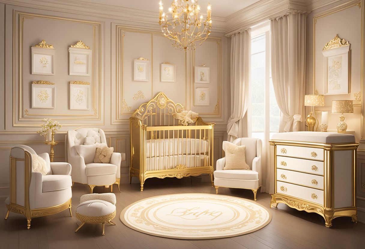 A lavish nursery with gold accents and plush furnishings. A display of elegant baby names in calligraphy on the wall
